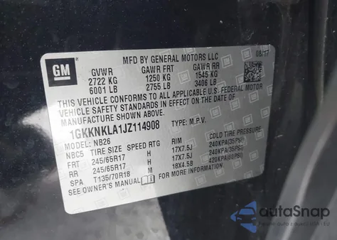 2018 GMC Acadia Sle-1 из США, поврежденный, VIN 1GKKNKLA1JZ114908